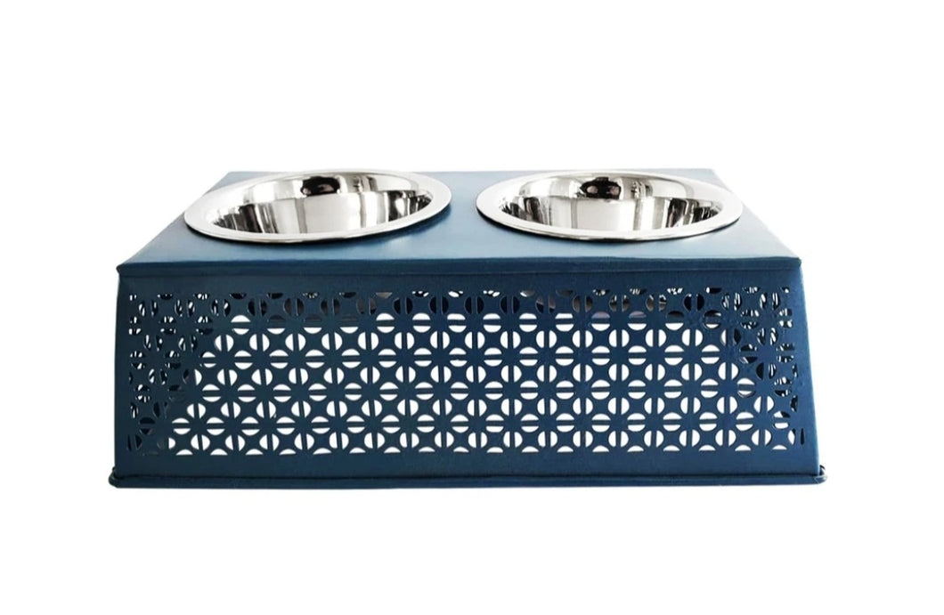 Country Style Metal Feeder - Blue - Two 16 oz Bowls