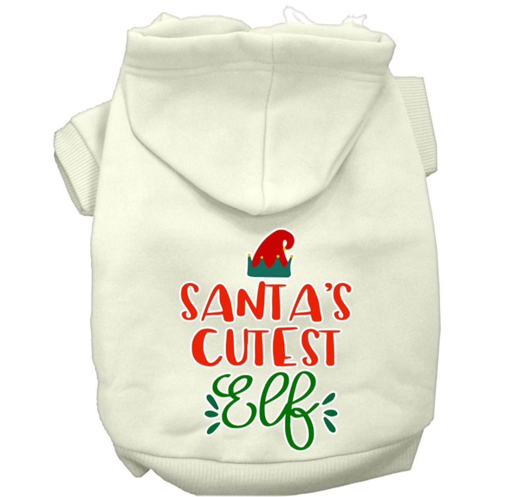 Santa's Cutest Elf Screen Print Dog Hoodie - White