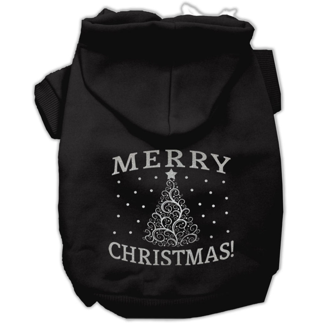 Silver Merry Christmas Screen Print Dog Hoodie - Black
